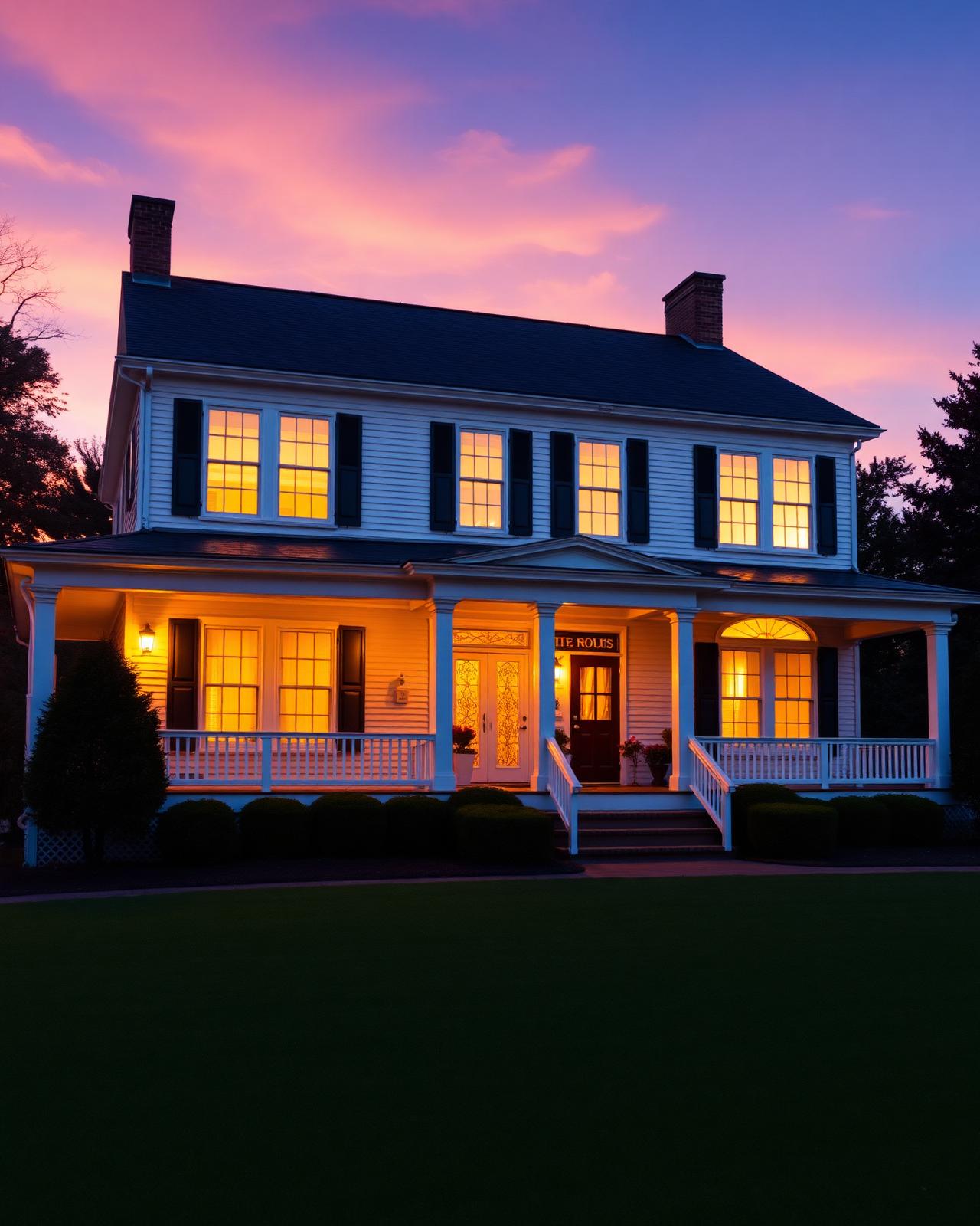 Stately American home at dusk